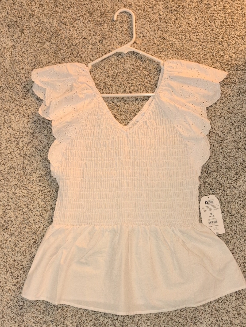 Time and Tru White Eyelet Smocked Peplum Flutter Sleeve Top